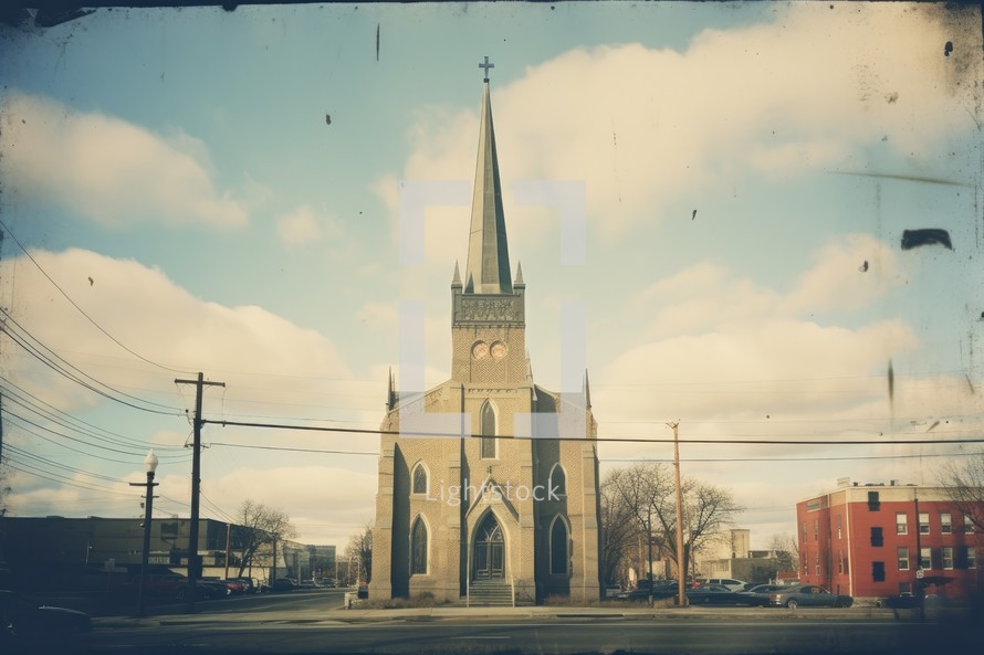 Vintage photo of old church in a city