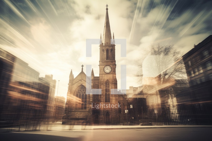Church in the middle of the road with motion blur effect. Pinhole photography