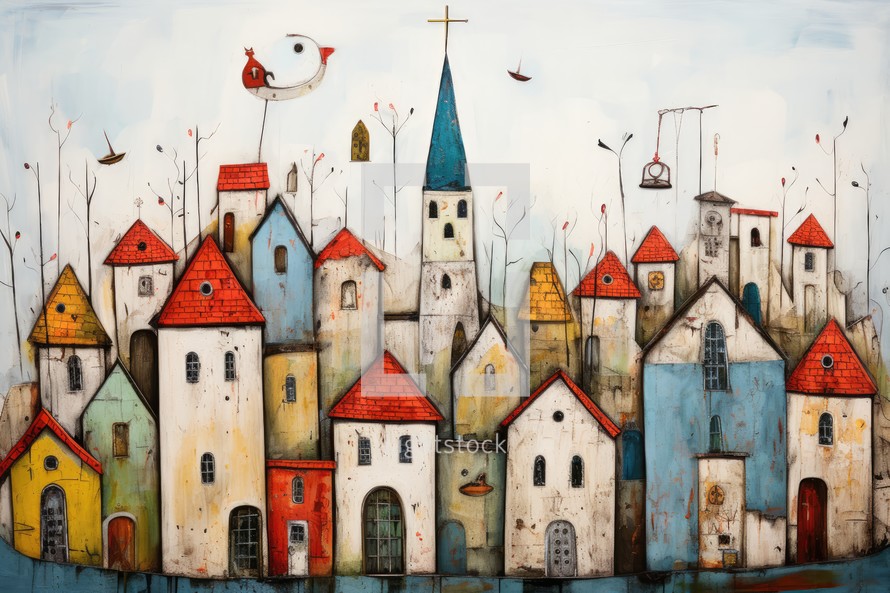 Colorful Church and cityscape. Illustration