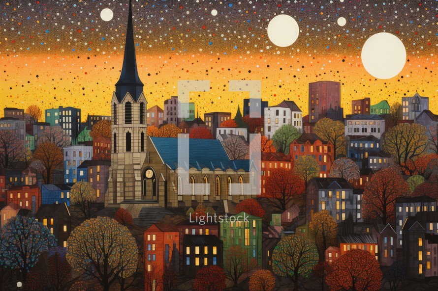 Cartoon scene with church in the city at night illustration