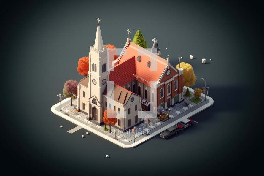 Church in the city. 3D illustration. Isometric view. Pixel Art