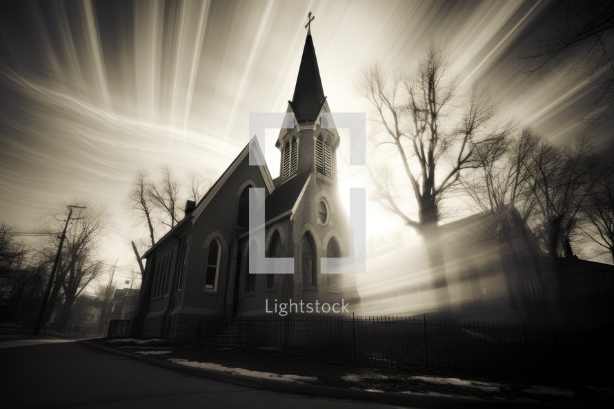 Church in the middle of the road with motion blur effect in black and white. Pinhole photography