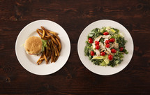 food choices, burger and fries or salad 