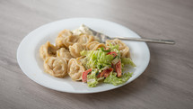 dumplings with vegetable salad on a white plate and a wooden table