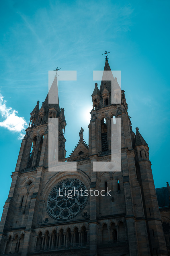 Cathedral church building spire, tower, historic architecture, blue sky, place of worship, temple