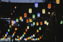 Colored and illuminated lanterns in the evening