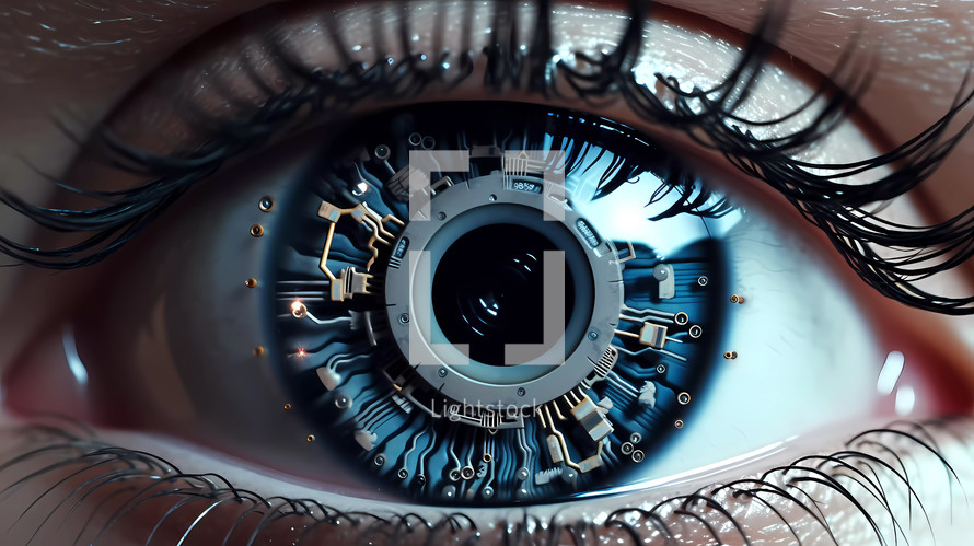 Technological bionic artificial eye of a women after a futuristic transplant. AI Generative
