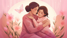 Women hugs in pink dress color for breast cancer day