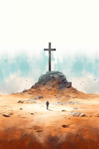 Illustration of a man standing in front of a cross