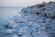 crystalized salt along a shore 