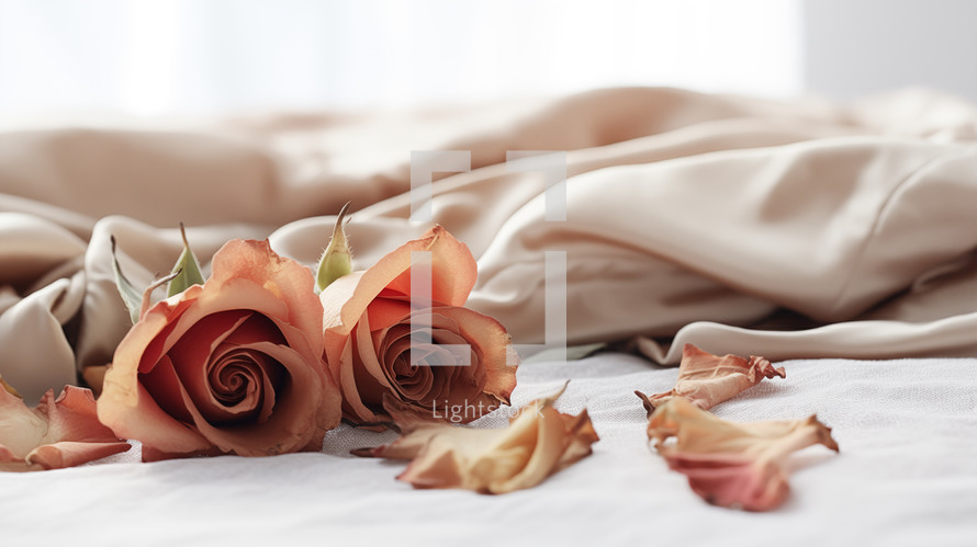 Closeup of two dead roses on a bed. Fading romance concept. 