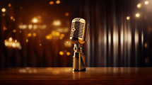 Microphone made of gold with bokeh background. 
