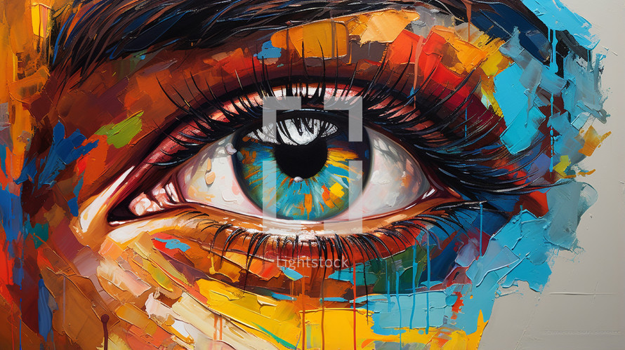 Close up of a colorful oil painted human eye. 
