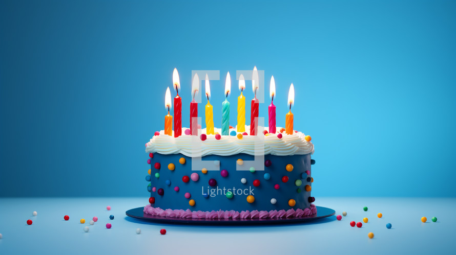 Colorful candles on a dark blue birthday cake. 