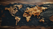 World map carved into a wood background. 