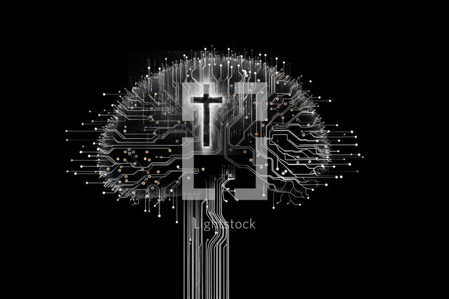 Christian Artificial Intelligence. Human brain with cross and digital circuit on dark background