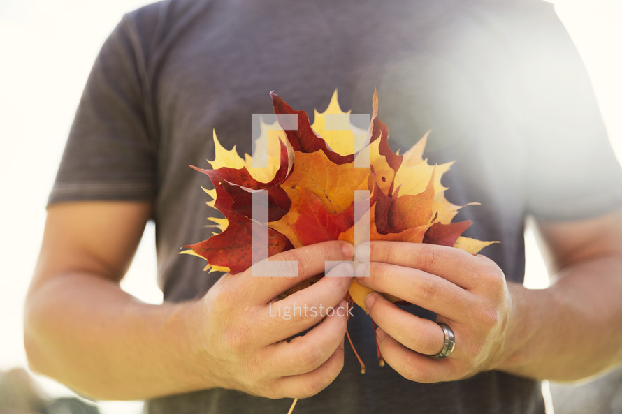 a man holding a handful of fall leaves 