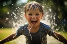 Little boy playing in the water on a hot summer day. The child is having fun and splashing water.