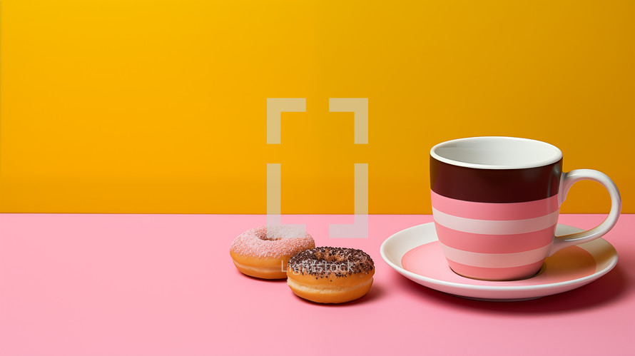 Coffee and Donuts on a yellow and pink background