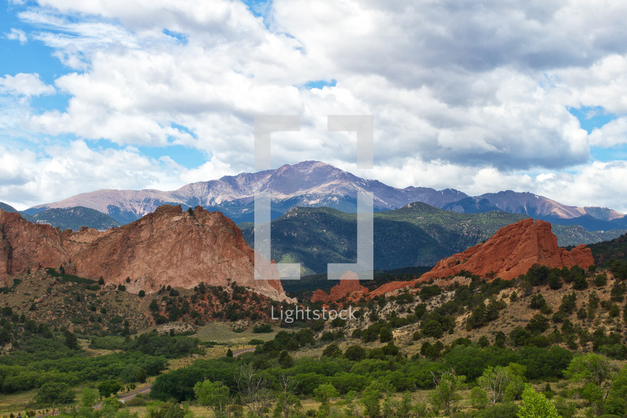 Pikes Peak and Garden of the Gods on a summer day