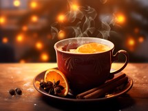 Mug of Hot  Mulled Wine on a Table wtih Spices and a Christmas Tree in the Background