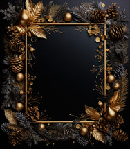 Elegant Christmas boards with golden leaves and branches over a wooden black background.  In the middle is space for writing and placing greetings, text, and well wishes. 