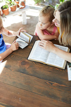 a mother reading the Bible with her children 
