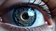 Technological bionic artificial eye after a futuristic transplant. AI Generative