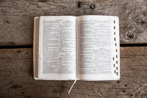 pages of an open Bible on wood 