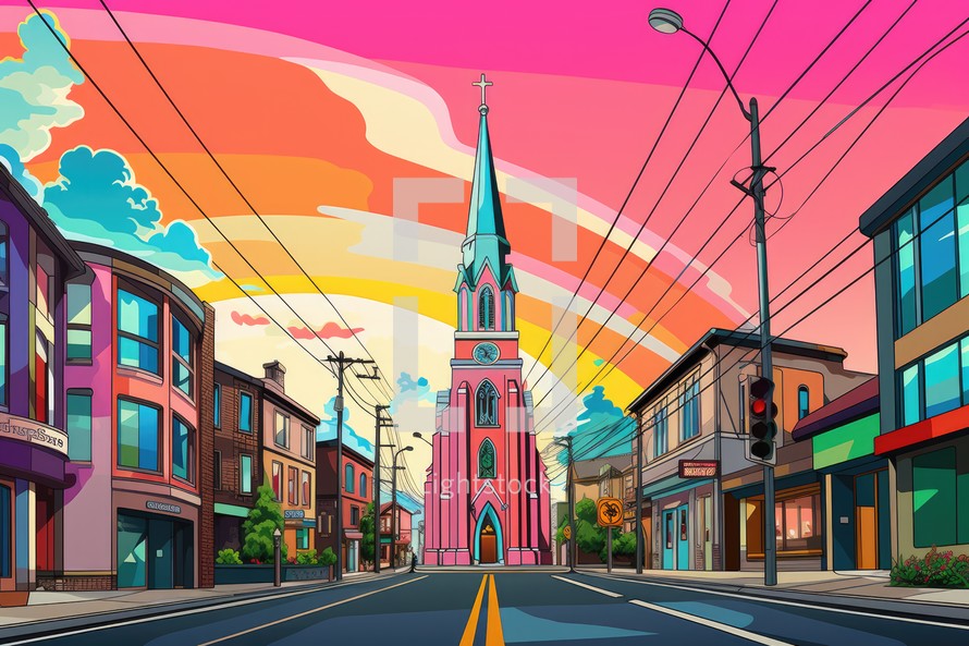 Church in the city. Vector illustration of a beautiful city street.