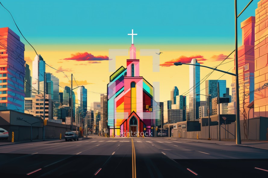 Cityscape with a church on the street at sunset. 3d rendering