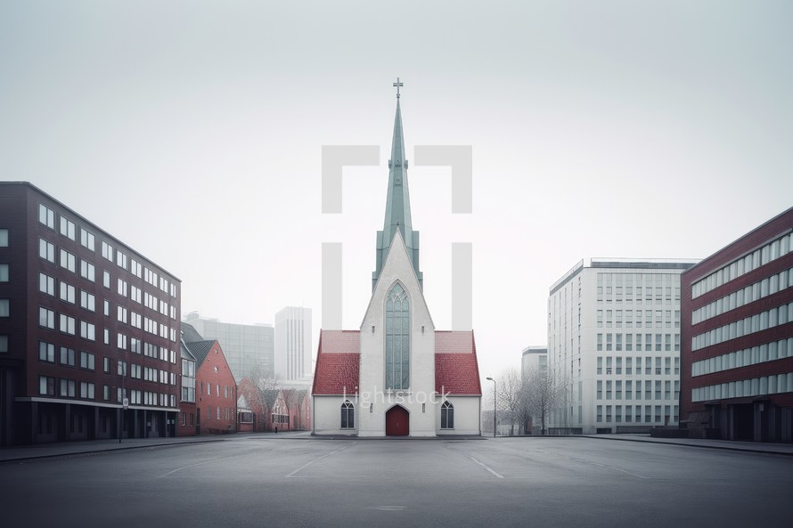 Church in the center of the city in a foggy day.