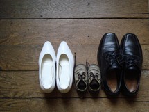 Family's shoes lined up on a wood floor.