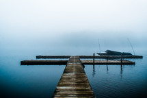 dock over a still lake 