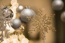 Silver and gold Christmas ornaments.