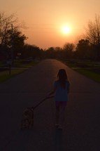 a little girl walking her dog at sunset 
