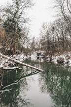 Snow falling over an icy river in winter
