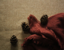 pine cones, blanket, and burlap background 