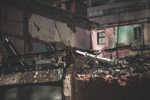 collapsed roof on a building in a city 