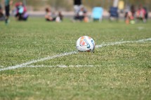 a soccer ball in bounds on the line on a soccer field 