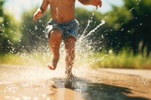 Cute little boy splashing water in the pool at summer day