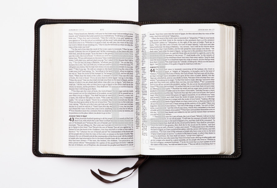 pages of an open Bible on black and white 