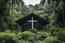 Wooden chapel and cross in the forest