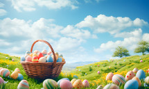 A Basket Filled with Decorated Easter Eggs in a Field full of Hidden Eggs