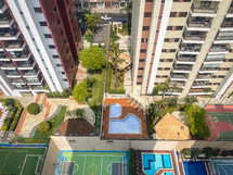 A view from under, looking at a view tall buildings, in Tatuape, Sao Paulo, Brazil.