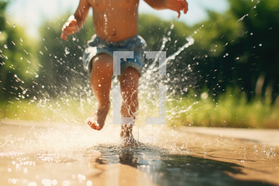 Cute little boy splashing water in the pool at summer day