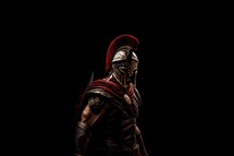 Portrait of a Roman legionary soldier in armor on dark background