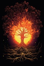 Biblical burning bush, colorful illustration