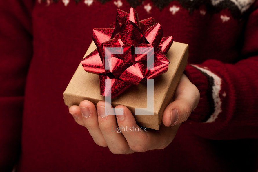 cupped hands holding a gift box for Christmas 