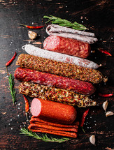 Assortment of various aromatic salami sausages. Against a dark background. High quality photo